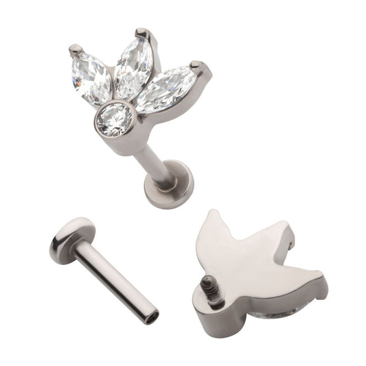 Titanium Internally Threaded Flat Base Labret with 3-Cluster Marquise CZ Fan Top