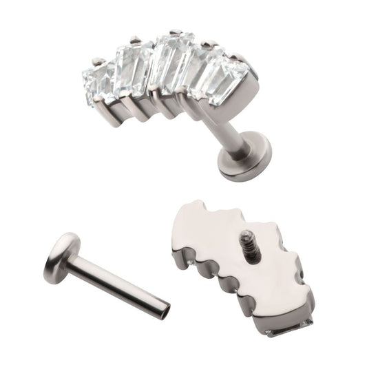 Titanium Internally Threaded Flat Base Labret with Prong Set Baguette CZ 5-Cluster Fan Shape Top