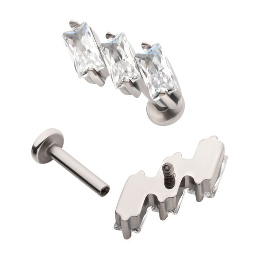 Titanium Internally Threaded Flat Base Labret with Prong Set Baguette CZ Diagonal 3-Cluster Top