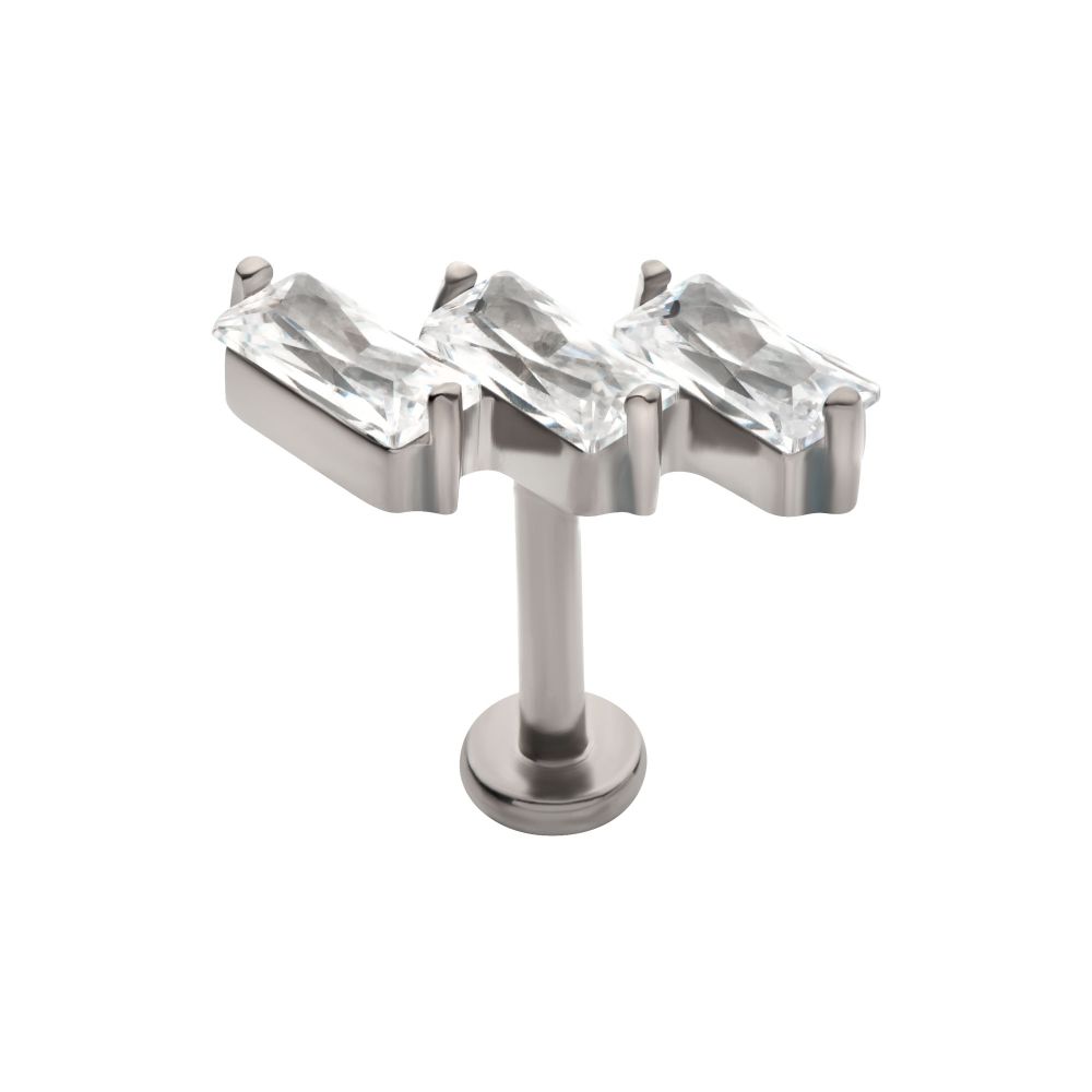 Titanium Internally Threaded Flat Base Labret with Prong Set Baguette CZ Diagonal 3-Cluster Top