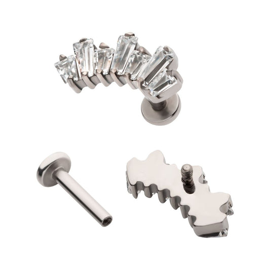 Titanium Internally Threaded Flat Base Labret with Prong Set Baguette CZ 7-Cluster Fan Shape Top