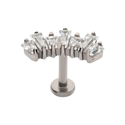 Titanium Internally Threaded Flat Base Labret with Prong Set Baguette CZ 7-Cluster Fan Shape Top