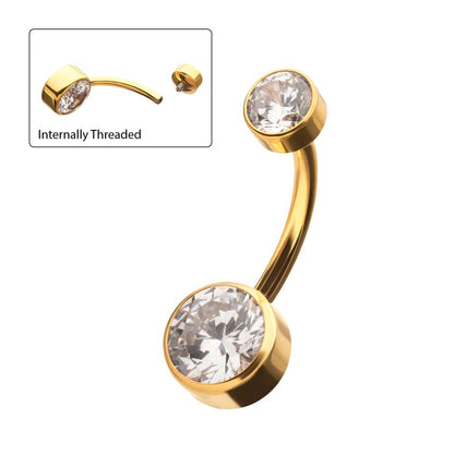 24Kt Gold PVD Titanium Internally Threaded Double Bezel Round with Smooth Rounded Back & Fixed Bottom Navel