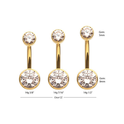 24Kt Gold PVD Titanium Internally Threaded Double Bezel Round with Smooth Rounded Back & Fixed Bottom Navel