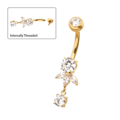 24Kt Gold PVD Titanium Internally Threaded Prong Set Round and Triple Marquise Fan Navel with Gem Dangle