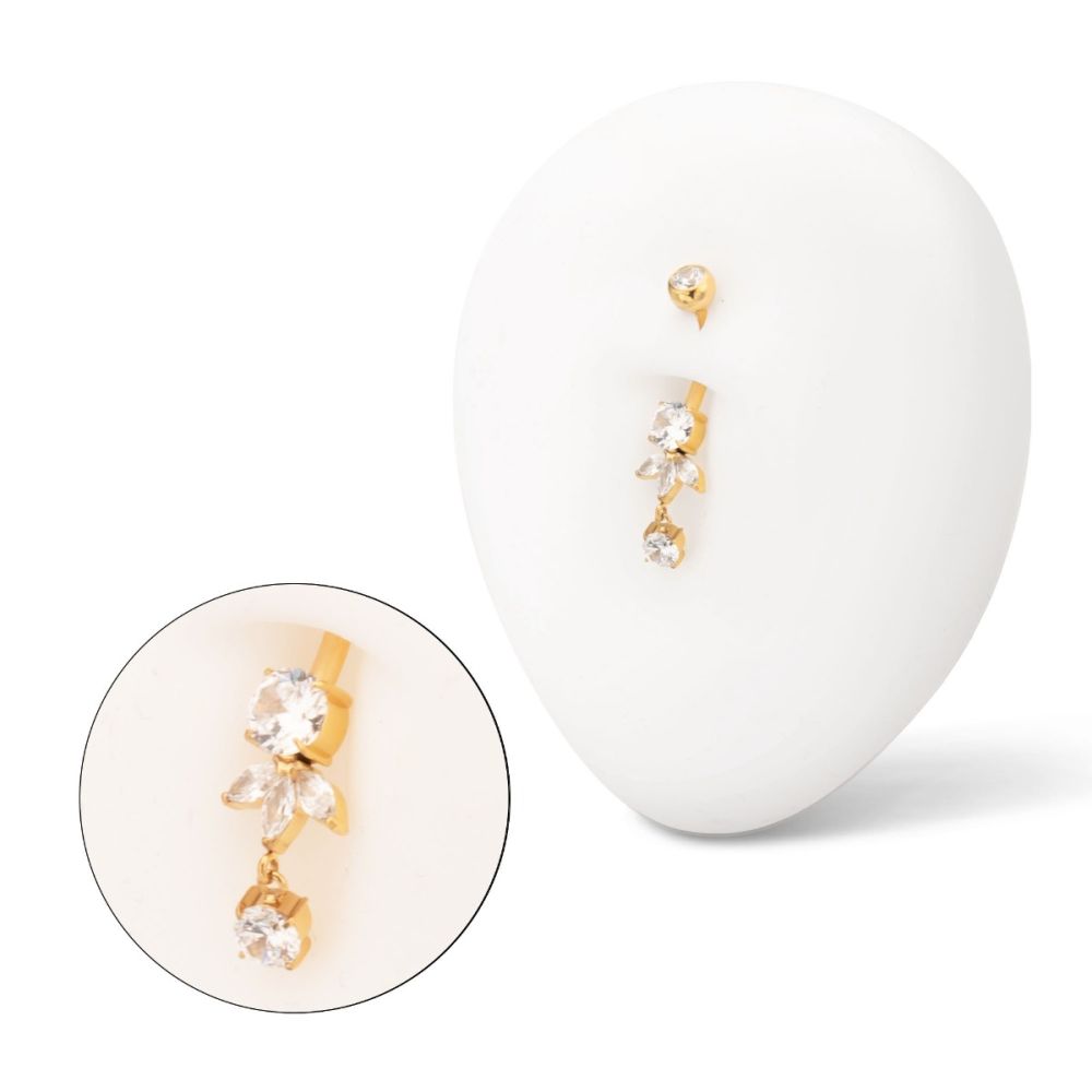 24Kt Gold PVD Titanium Internally Threaded Prong Set Round and Triple Marquise Fan Navel with Gem Dangle