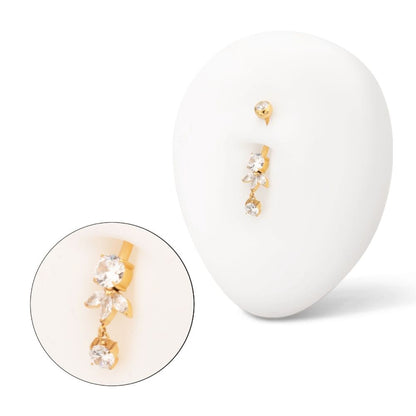 24Kt Gold PVD Titanium Internally Threaded Prong Set Round and Triple Marquise Fan Navel with Gem Dangle