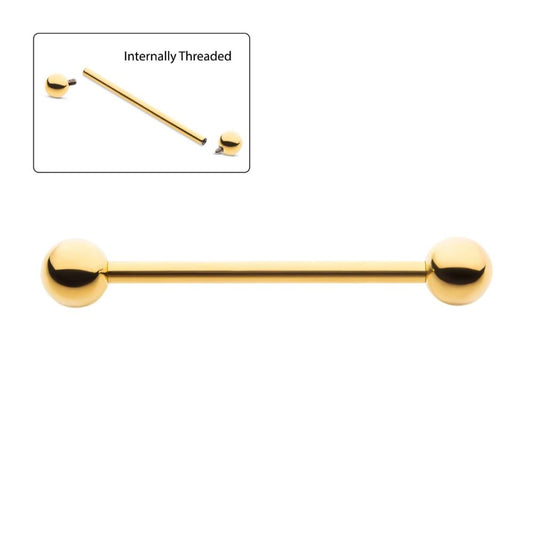24KT Gold PVD Titanium Internally Threaded Industrial Barbell