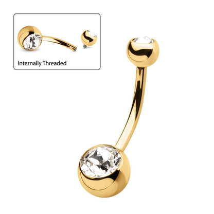 24Kt Gold PVD Titanium Internally Threaded Double Bezel Set Swarovski Crystal Fixed Bottom Navel