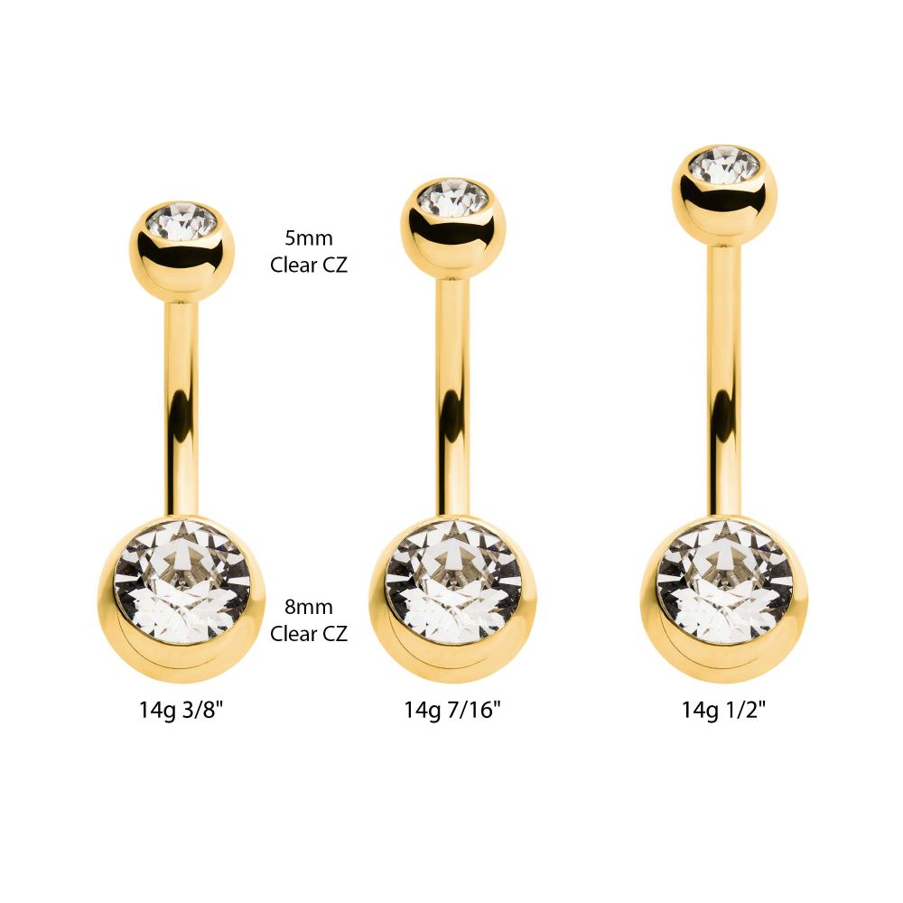 24Kt Gold PVD Titanium Internally Threaded Double Bezel Set Swarovski Crystal Fixed Bottom Navel