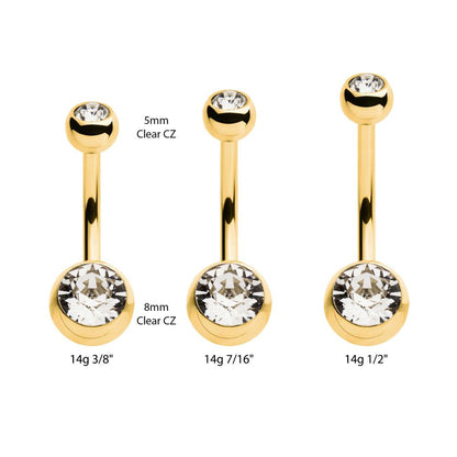 24Kt Gold PVD Titanium Internally Threaded Double Bezel Set Swarovski Crystal Fixed Bottom Navel