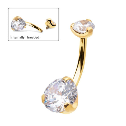 24KT Gold PVD Titanium Internally Threaded Double Prong Set Clear CZ Fixed Bottom Navel