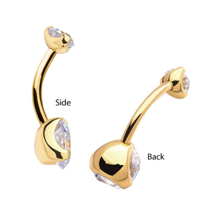 24KT Gold PVD Titanium Internally Threaded Double Prong Set Clear CZ Fixed Bottom Navel