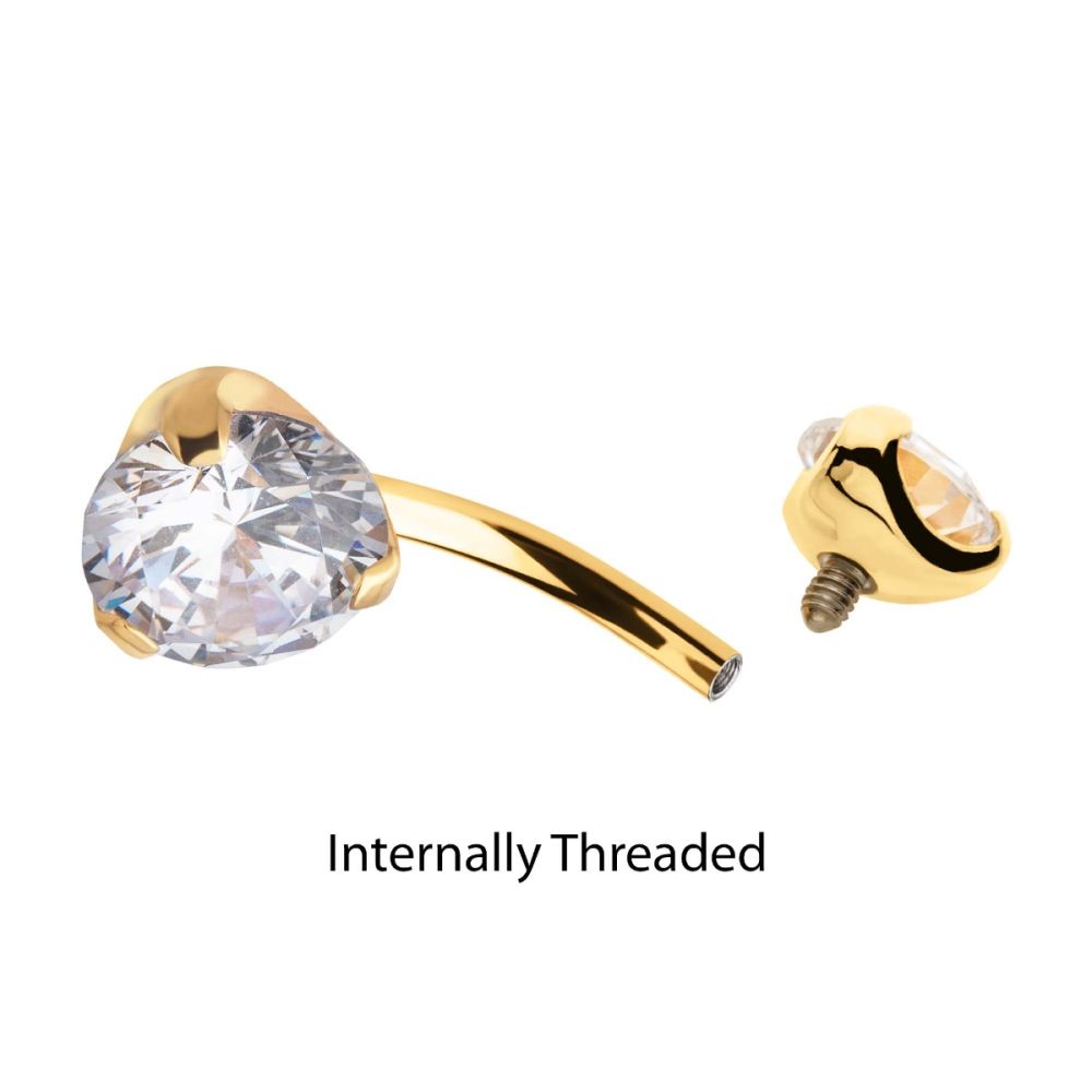 24KT Gold PVD Titanium Internally Threaded Double Prong Set Clear CZ Fixed Bottom Navel