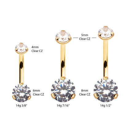 24KT Gold PVD Titanium Internally Threaded Double Prong Set Clear CZ Fixed Bottom Navel