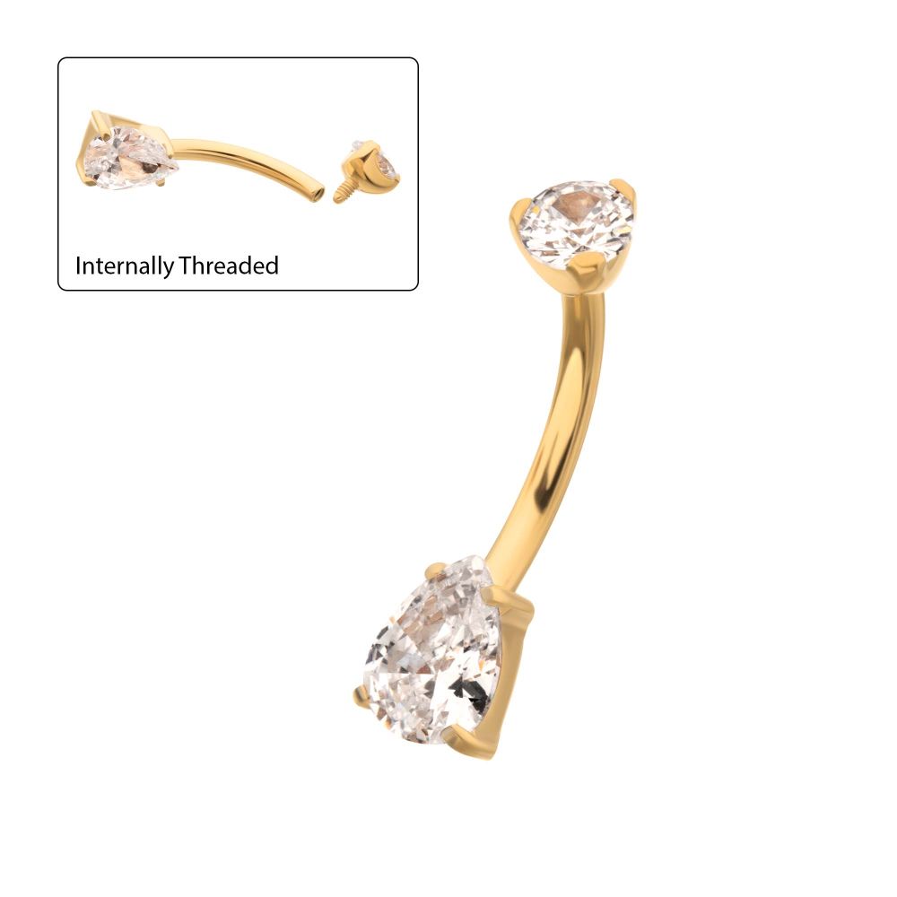24Kt Gold PVD Titanium Internally Threaded Double Gem with Prong Set Teardrop Fixed Bottom Navel