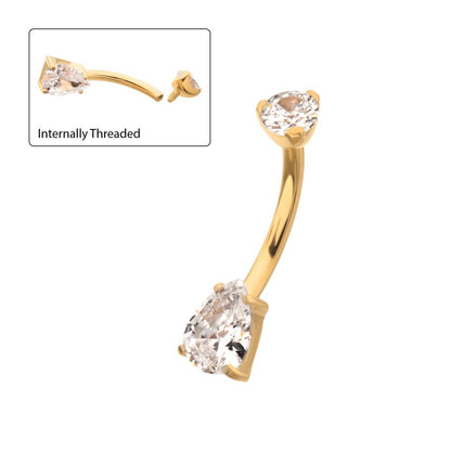24Kt Gold PVD Titanium Internally Threaded Double Gem with Prong Set Teardrop Fixed Bottom Navel