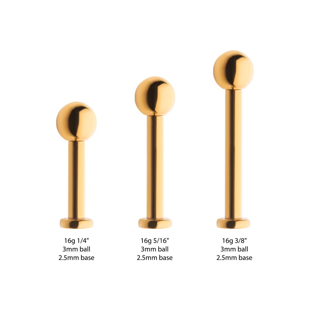 24KT Gold PVD Titanium Internally Threaded Labret with 2.5mm Flat Base and 3mm Ball