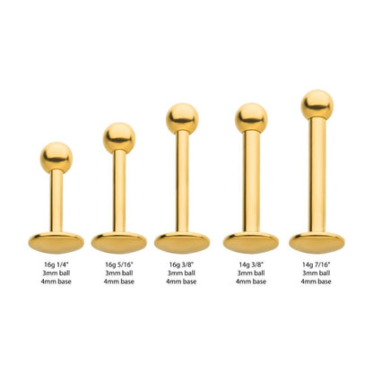 24KT Gold PVD Titanium Internally Threaded Labret with 4mm Base and 3mm Ball