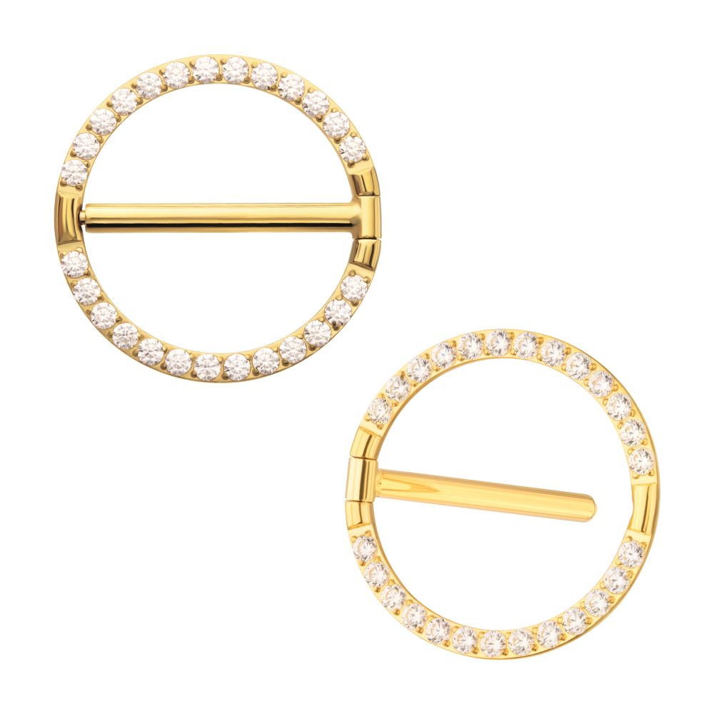 24Kt Gold PVD Titanium CNC Set Gem Nipple Clicker Ring | Sold by piece