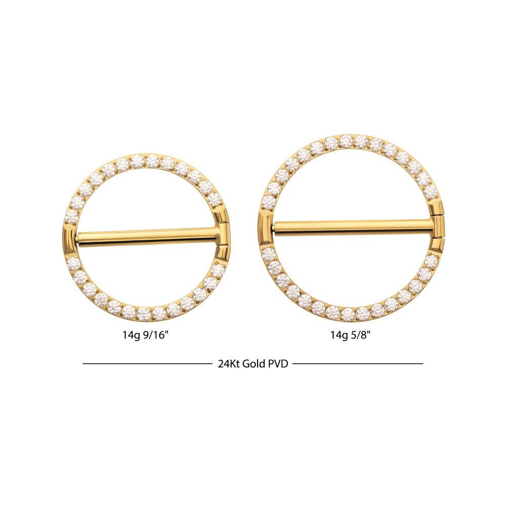 24Kt Gold PVD Titanium CNC Set Gem Nipple Clicker Ring | Sold by piece