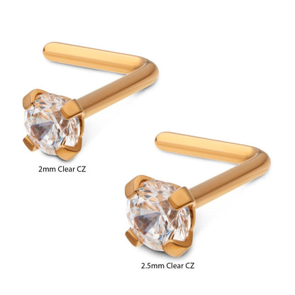 24KT Gold PVD Titanium with 4-Prong Set CZ L-Shape Nose Pin