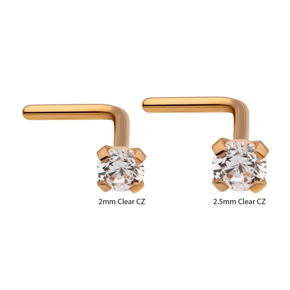 24KT Gold PVD Titanium with 4-Prong Set CZ L-Shape Nose Pin