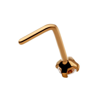 24KT Gold PVD Titanium with 4-Prong Set CZ L-Shape Nose Pin