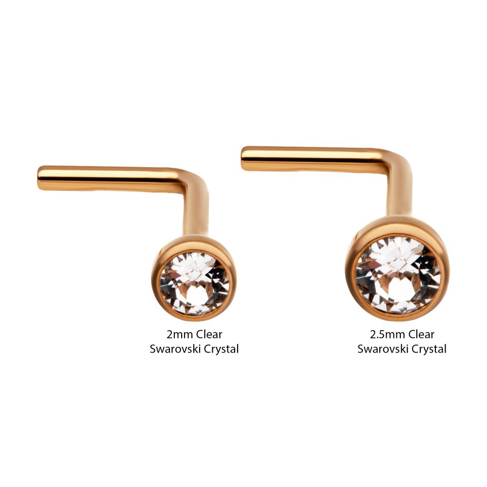 24KT Gold PVD Titanium with Bezel Set Swarovski Crystal L-Shape Nose Pin