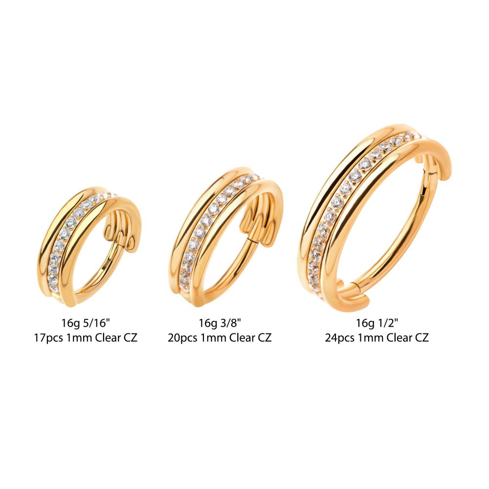 24Kt Gold PVD Titanium Triple Stacked with CNC Set CZ Center Line Side Facing Hinged Segment Clicker