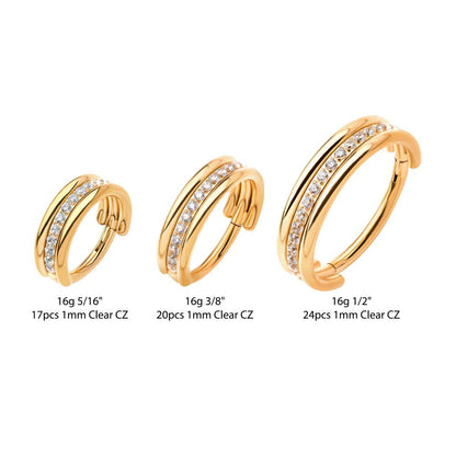 24Kt Gold PVD Titanium Triple Stacked with CNC Set CZ Center Line Side Facing Hinged Segment Clicker
