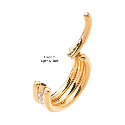 24Kt Gold PVD Titanium Triple Stacked with CNC Set CZ Center Line Side Facing Hinged Segment Clicker