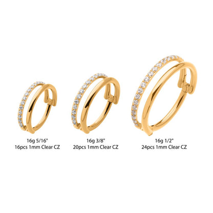 24Kt Gold PVD Titanium Side Facing Hinged Segment Clicker with Single Hoop Full Clear CNC Set Round CZ