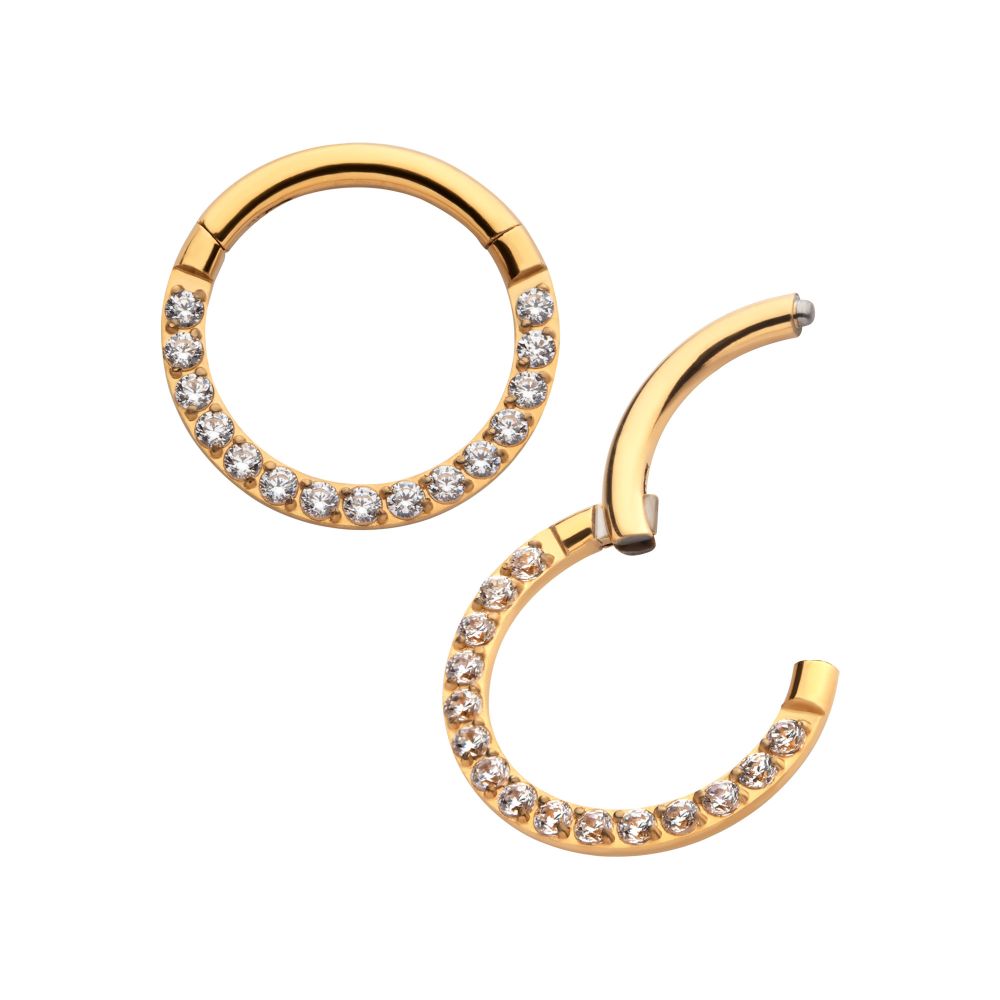 24KT Gold PVD Titanium CNC Set Clear CZ Eternity Front Facing Hinged Segment Clicker