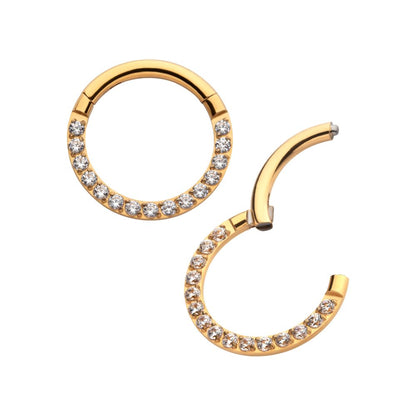 24KT Gold PVD Titanium CNC Set Clear CZ Eternity Front Facing Hinged Segment Clicker