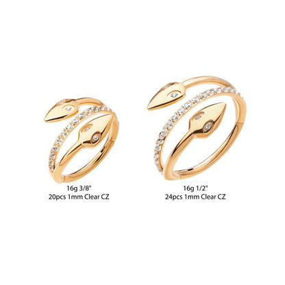 24Kt Gold PVD Titanium Double Ended Twist Side Facing Hinged Segment Clicker with Clear CZ Snake Heads