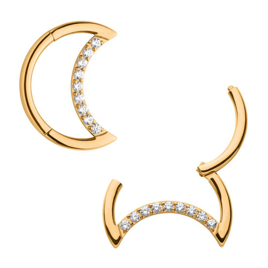 24Kt Gold PVD Titanium Crescent Moon with CZ Front Facing Hinged Segment Clicker
