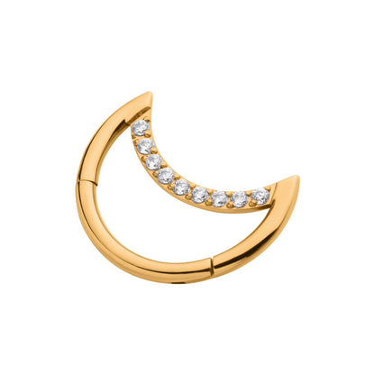 24Kt Gold PVD Titanium Crescent Moon with CZ Front Facing Hinged Segment Clicker