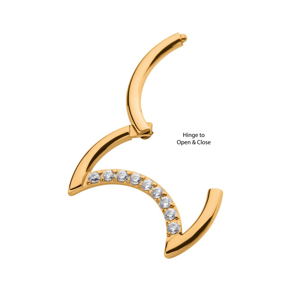 24Kt Gold PVD Titanium Crescent Moon with CZ Front Facing Hinged Segment Clicker