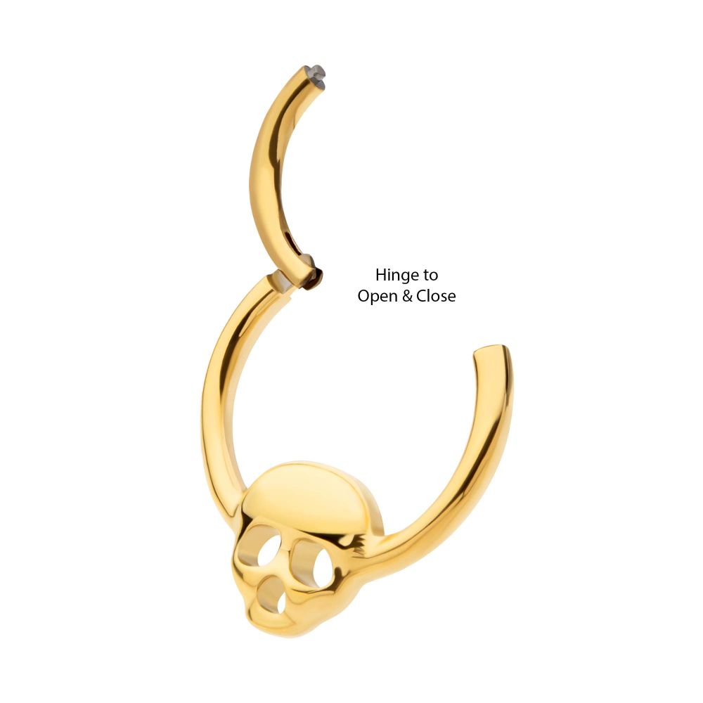 24Kt Gold PVD Titanium with Centered Skull Front Facing Hinged Segment Clicker