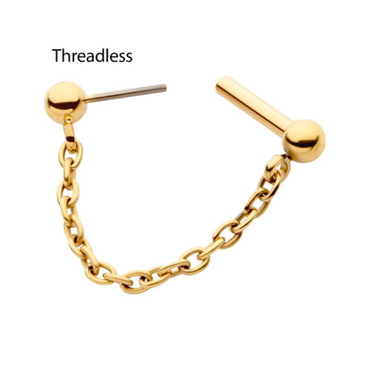 24Kt Gold PVD Titanium Dangle Chain on a One Side Threadless, One Side Fixed Bar with Ball ends