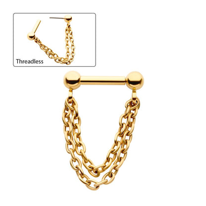 24Kt Gold PVD Titanium 2 Tier Chains on a One Side Threadless, One Side Fixed Bar with Ball ends