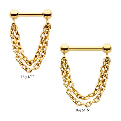 24Kt Gold PVD Titanium 2 Tier Chains on a One Side Threadless, One Side Fixed Bar with Ball ends
