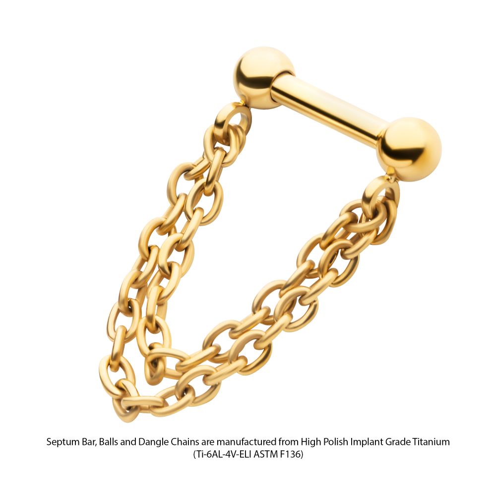 24Kt Gold PVD Titanium 2 Tier Chains on a One Side Threadless, One Side Fixed Bar with Ball ends
