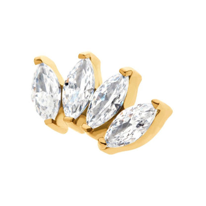 24Kt Gold PVD Titanium Internally Threaded with Prong Set Marquise CZ 4-Cluster Top