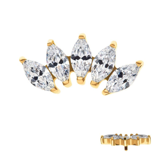 24Kt Gold PVD Titanium Internally Threaded with Prong Set Marquise CZ 5-Cluster Top