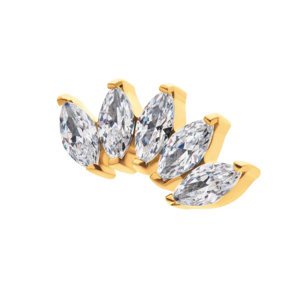 24Kt Gold PVD Titanium Internally Threaded with Prong Set Marquise CZ 5-Cluster Top