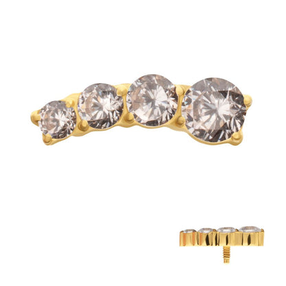 24Kt Gold PVD Titanium Internally Threaded 4-Cluster Staggered Prong Set CZ Gem Top (Right Ear)