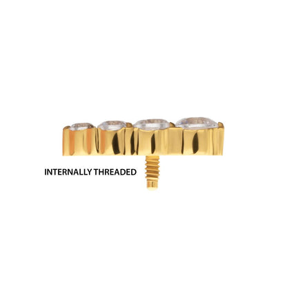 24Kt Gold PVD Titanium Internally Threaded 4-Cluster Staggered Prong Set CZ Gem Top (Right Ear)