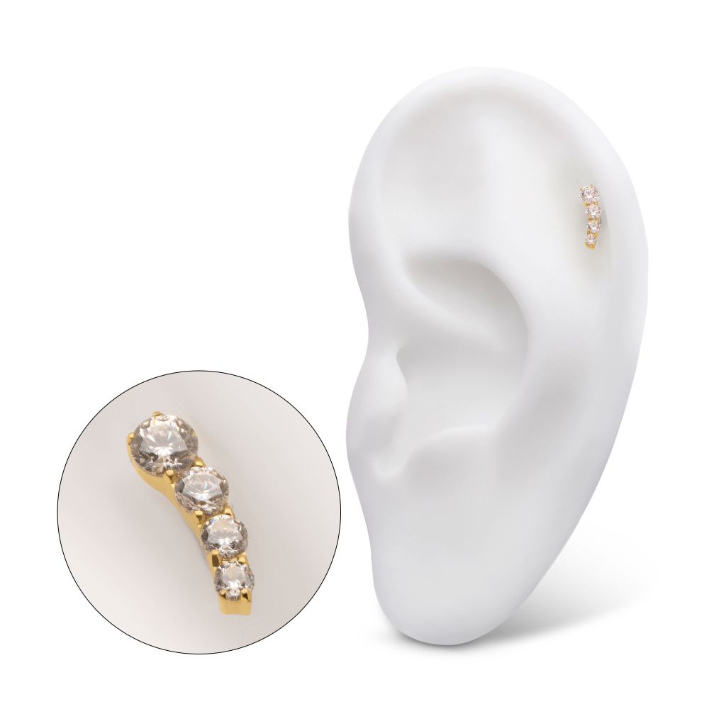 24Kt Gold PVD Titanium Internally Threaded 4-Cluster Staggered Prong Set CZ Gem Top (Right Ear)